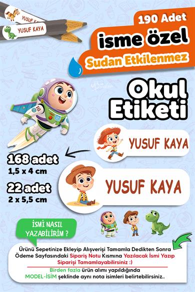 Okul Etiketi Kalem Defter isimli Etiket Isim Yazılabilen Oyuncak Hikayesi - 190 Adet Özel Tasarım