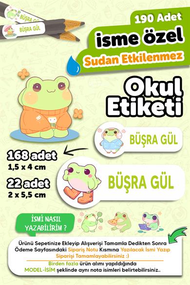 Okul Etiketi Kalem Defter isimli Etiket Isim Yazılabilen Kurbağa - 190 Adet Özel Tasarım Okul Etiket