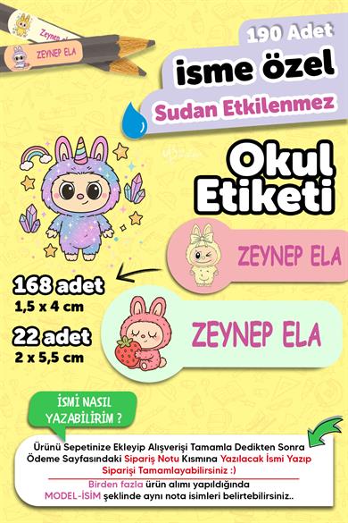 Okul Etiketi Kalem Defter isimli Etiket Isim Yazılabilen Labubo - 190 Adet Kişiye Özel Tasarım