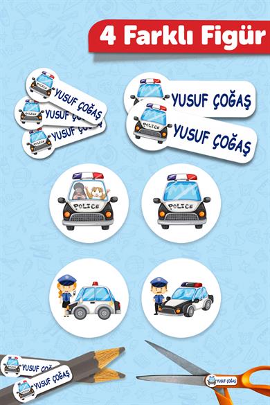 Okul Etiketi Kalem Defter isimli Etiket Isim Yazılabilen Polis Temalı - 190 Adet Özel Yeni Tasarım
