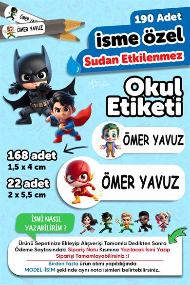 Okul Etiketi Kalem Defter isimli Etiket Isim Yazılabilen DC Karakter - 190 Adet Özel Tasarım