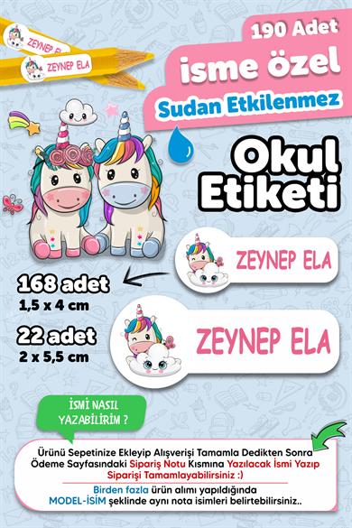 Okul Etiketi Kalem Defter isimli Etiket Isim Yazılabilen Unicorn Temalı - 190 Adet Özel Yeni Tasarım