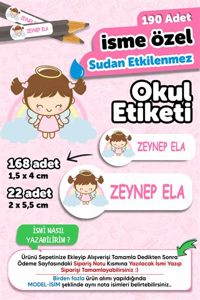 Okul Etiketi Kalem Defter isimli Etiket Isim Yazılabilen Sevimli Melek Kız - 190 Adet Özel Yeni Tasarım