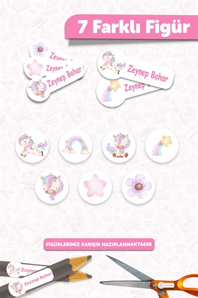 Okul Etiketi Kalem Defter isimli Etiket Isim Yazılabilen Unicorn - 190 Adet Özel Tasarım Etiket
