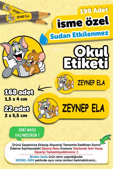 Okul Etiketi Kalem Defter isimli Etiket Isim Yazılabilen Tom and Jerry - 190 Adet Özel Yeni Tasarım