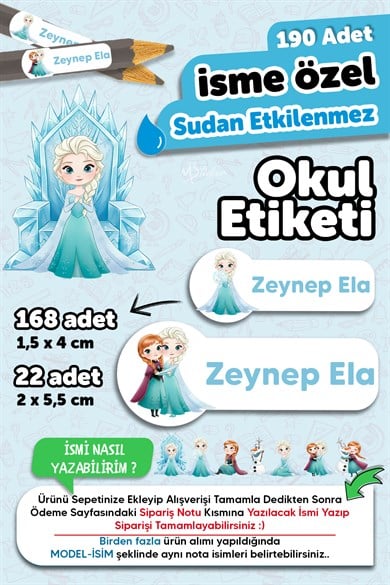 Okul Etiketi Kalem Defter isimli Etiket Isim Yazılabilen Elsa2 - 190 Adet Özel Tasarım Etiket