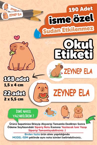Okul Etiketi Kalem Defter isimli Etiket Isim Yazılabilen Capybara - 190 Adet Özel Yeni Tasarım