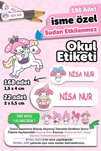 Okul Etiketi Kalem Defter isimli Etiket Isim Yazılabilen My Melody - 190 Adet Özel Tasarım Etiket