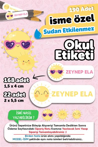 Okul Etiketi Kalem Defter isimli Etiket Isim Yazılabilen Güneş Temalı - 190 Adet Özel Tasarım