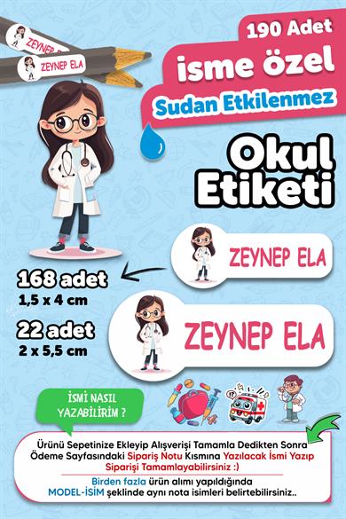 Okul Etiketi Kalem Defter isimli Etiket Isim Yazılabilen Doktor Temalı - 190 Adet Özel Yeni Tasarım