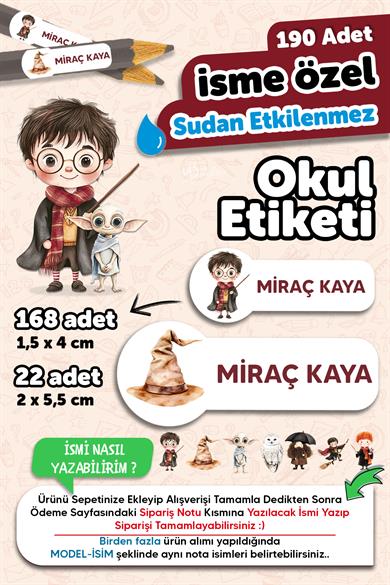 Okul Etiketi Kalem Defter isimli Etiket Isim Yazılabilen Harry P - 190 Adet Özel Tasarım Okul Etiket