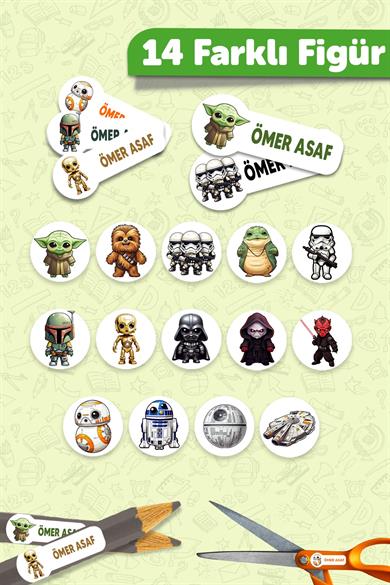 Okul Etiketi Kalem Defter isimli Etiket Isim Yazılabilen Star Warss - 190 Adet Özel Tasarım Etiket
