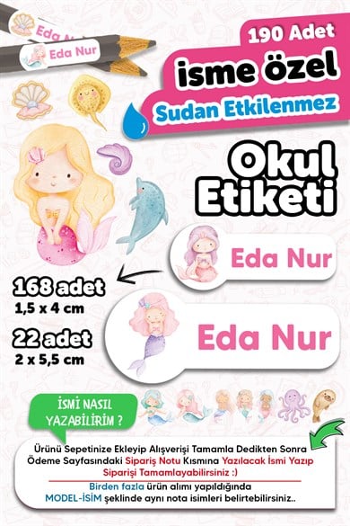 Okul Etiketi Kalem Defter isimli Etiket Isim Yazılabilen Deniz Kızı - 190 Adet Özel Tasarım Etiket