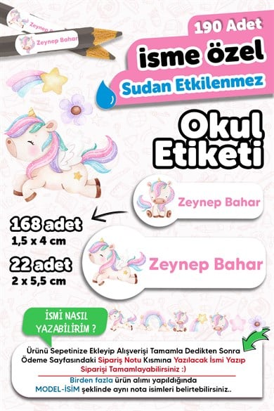 Okul Etiketi Kalem Defter isimli Etiket Isim Yazılabilen Unicorn - 190 Adet Özel Tasarım Etiket