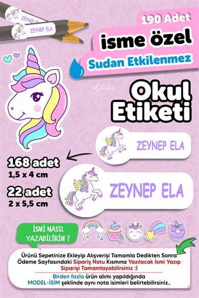 Okul Etiketi Kalem Defter isimli Etiket Isim Yazılabilen Sevimli Unicorn - 190 Adet Özel Yeni Tasarım