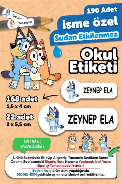 Okul Etiketi Kalem Defter isimli Etiket Isim Yazılabilen Bluey Temalı - 190 Adet Özel Yeni Tasarım