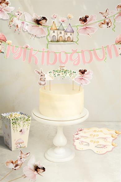 Orman Perileri ve Sevimli Evleri Temalı Doğum Günü Konsepti Süsleme Seti , Cupcake Süsü Flama Etiket