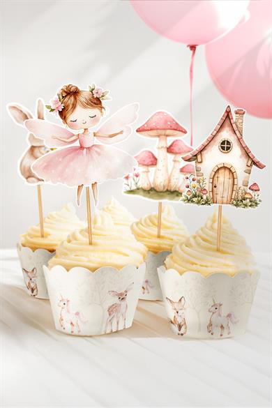 Orman Perileri ve Sevimli Evleri Temalı Doğum Günü Konsepti Süsleme Seti , Cupcake Süsü Flama Etiket