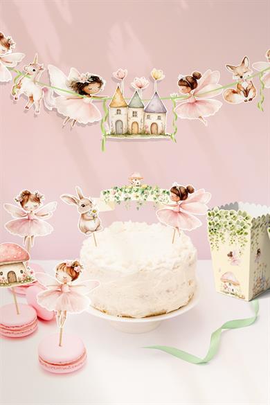 Orman Perileri ve Sevimli Evleri Temalı Doğum Günü Konsepti Süsleme Seti , Cupcake Süsü Flama Etiket
