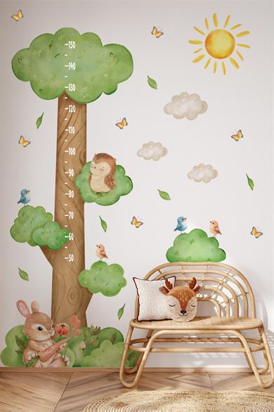 Ormanda Keyifli Bir Gün Temalı Temalı Boy Ölçer Boy Cetveli Sticker Seti Çocuk, Sevimli Orman Figür 