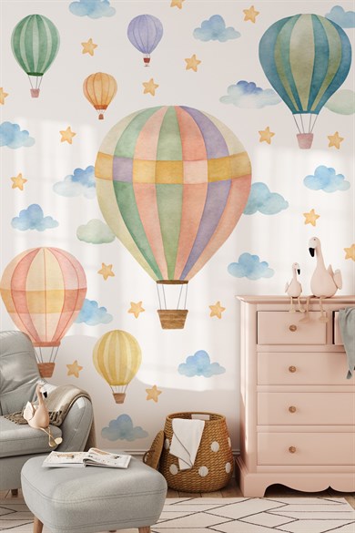 Pastel Balon Duvar Sticker Seti L XL Boy Çocuk Bebek Odası Bulut Yıldız Duvar Dekoru