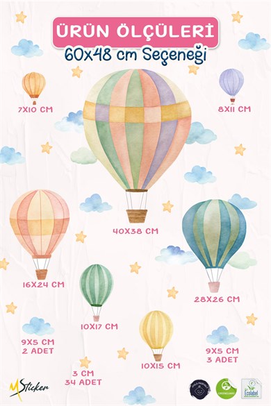 Pastel Balon Duvar Sticker Seti L XL Boy Çocuk Bebek Odası Bulut Yıldız Duvar Dekoru