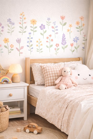 Pastel Çiçek Duvar Sticker Seti 38 Parça | Çocuk Odası, Bebek Odası, Mutfak ve Çalışma Alanı Dekoru