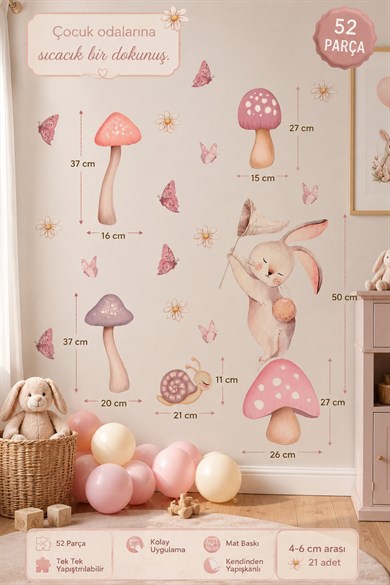 Pastel Sevimli Tavşan Duvar Sticker Seti 52 Parça | Mantar, Kelebek ve Papatya Çocuk Odası Stickerı