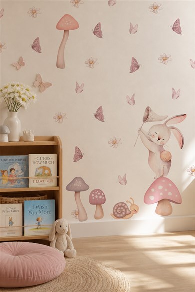 Pastel Sevimli Tavşan Duvar Sticker Seti 52 Parça | Mantar, Kelebek ve Papatya Çocuk Odası Stickerı