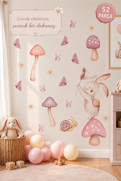 Pastel Sevimli Tavşan Duvar Sticker Seti 52 Parça | Mantar, Kelebek ve Papatya Çocuk Odası Stickerı