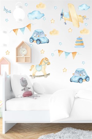 Pastel Tonlarda Araba, Uçak, At Figürleri Çocuk Bebek Odası Sticker