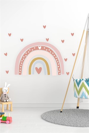 Pastel Tonlarda Gökkuşağı ve Kalpler Çocuk Odası Duvar Sticker