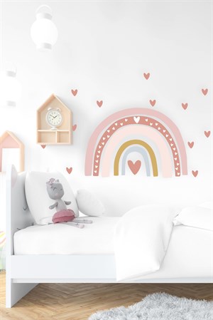 Pastel Tonlarda Gökkuşağı ve Kalpler Çocuk Odası Duvar Sticker