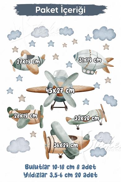 Pastel Tonlarda Planör Uçak Balon ve Bulutlar Yıldızlar Çocuk Bebek Odası Duvar Cam Dolap Sticker