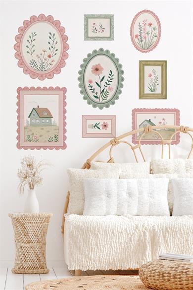 Pastoral Efektli Baharın Neşesi Temalı Çerçeve Görünümlü Sticker Poster Seti 8 Parça 