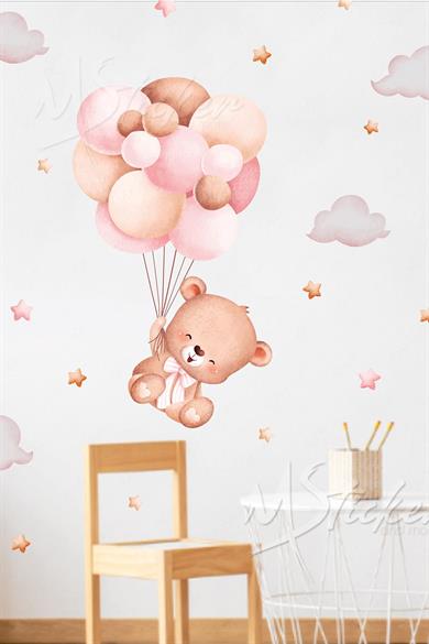 Pembe Balonlar Ve Ayıcık Çocuk Odası Cam Duvar Sticker Seti
