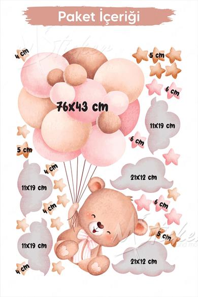 Pembe Balonlar Ve Ayıcık Çocuk Odası Cam Duvar Sticker Seti