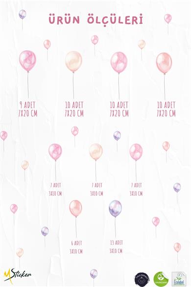 Pembe Tonlarda Balonlar Sticker Seti Çocuk Bebek Odası Duvar Dekorasyon Stickerı Balonlu Set