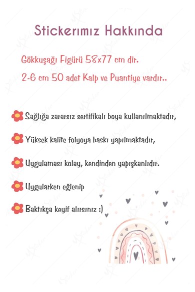 Pembe Tonlarda Gökkuşağı ve Gri Kalpler Çocuk Bebek Odası Dekorasyon Sticker Seti