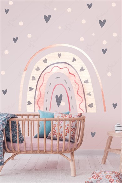 Pembe Tonlarda Gökkuşağı ve Gri Kalpler Çocuk Bebek Odası Dekorasyon Sticker Seti