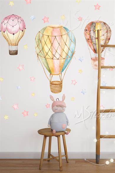 Pembe Tonlarda Uçan Balonlar ve Yıldızlar Çocuk Bebek Odası Duvar Sticker Seti