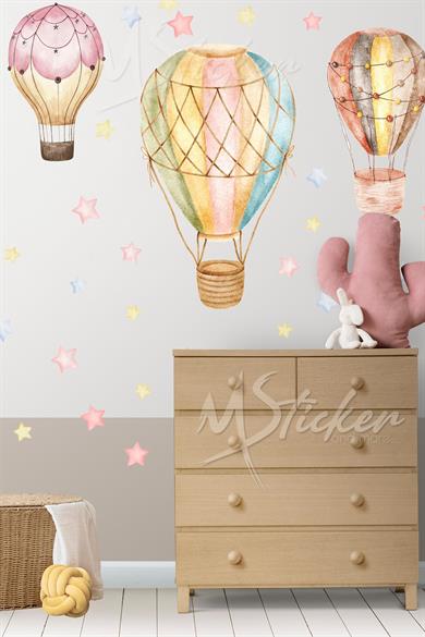 Pembe Tonlarda Uçan Balonlar ve Yıldızlar Çocuk Bebek Odası Duvar Sticker Seti