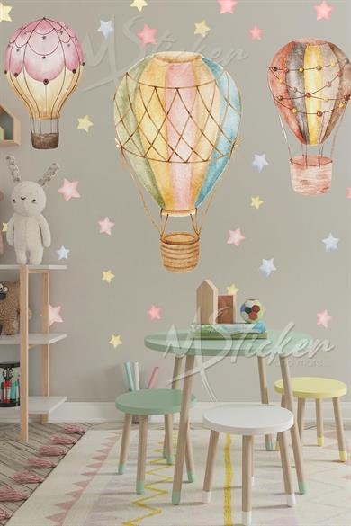 Pembe Tonlarda Uçan Balonlar ve Yıldızlar Çocuk Bebek Odası Duvar Sticker Seti