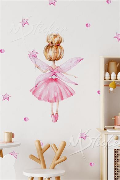 Peri Kızı Balerin Yıldızlar ve Puantiyeler Çocuk Bebek Odası Duvar Cam Sticker Seti