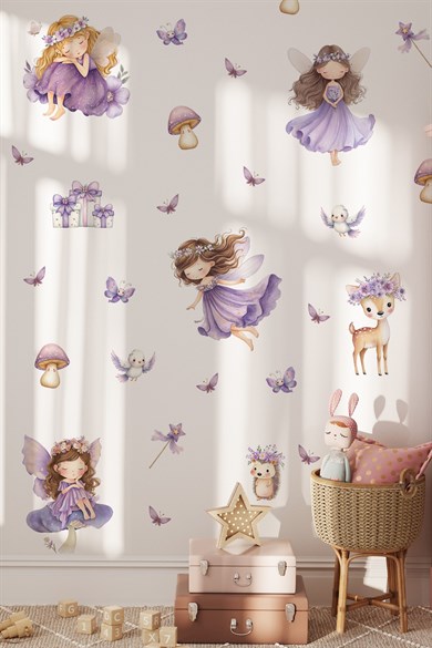 Peri Kızlar Duvar Sticker Seti 51 Parça | Lila Çocuk Odası Duvar Stickerı | Premium PVC Duvar Süsü