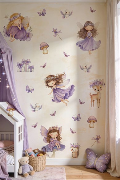 Peri Kızlar Duvar Sticker Seti 51 Parça | Lila Çocuk Odası Duvar Stickerı | Premium PVC Duvar Süsü