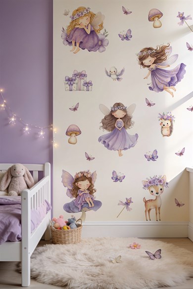 Peri Kızlar Duvar Sticker Seti 51 Parça | Lila Çocuk Odası Duvar Stickerı | Premium PVC Duvar Süsü