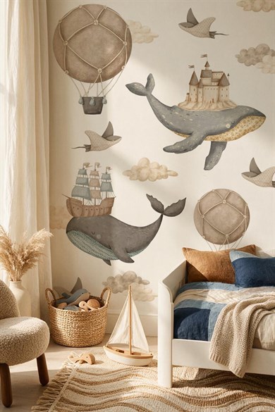 Premium Boho Balina Duvar Sticker Seti 18 Parça | Bebek & Çocuk Odası Kendinden Yapışkanlı Sticker