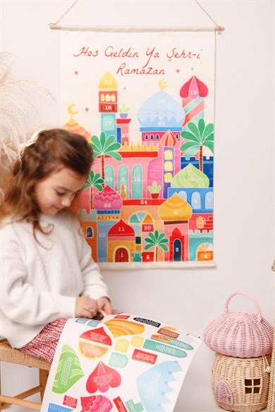 Ramazan Ayı 30 Günlük Etkinlik Panosu , Çocuklara Özel Duvara Asılan Kumaş Etkinlik Panosu Stickerlı