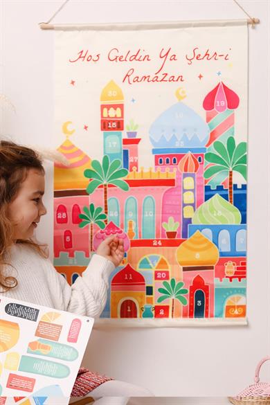Ramazan Ayı 30 Günlük Etkinlik Panosu , Çocuklara Özel Duvara Asılan Kumaş Etkinlik Panosu Stickerlı